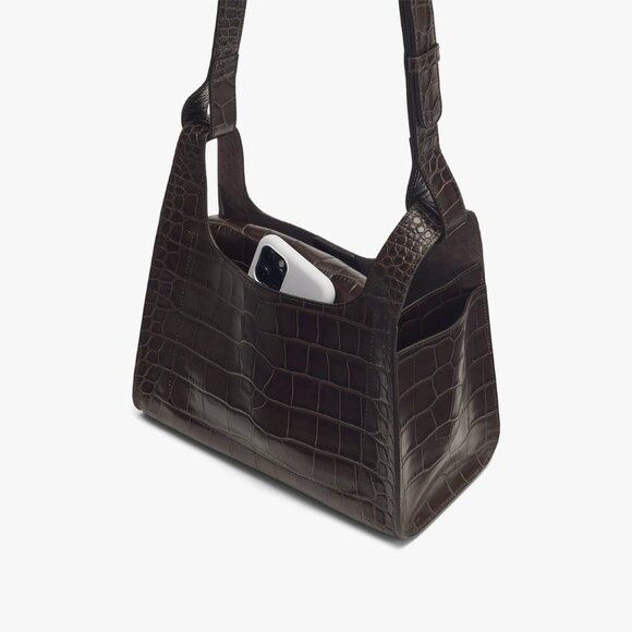 Cuyana Double Loop Bag (Croco) in Mocha - Picture 2 of 4